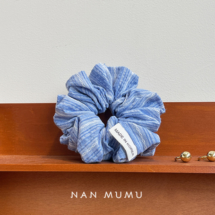 韩国海盐蓝条纹大肠发圈百搭日常通勤高级感马尾丸子头发绳发饰