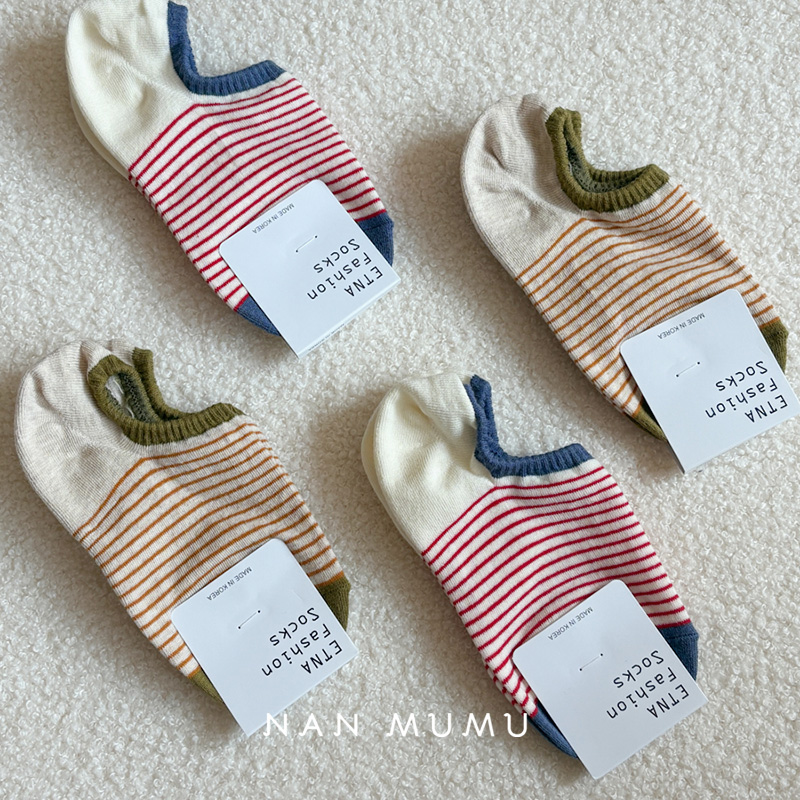 韩国进口2025新款撞色条纹男女同款短袜隐形防滑船袜爆款纯棉袜子