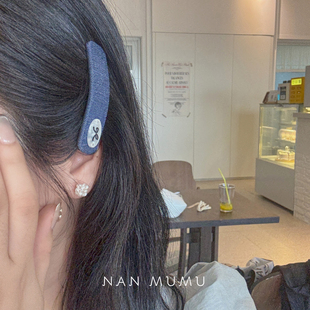 南木木 牛仔纽扣蝴蝶结bb夹 韩国新款侧边方形刘海夹发夹侧边夹