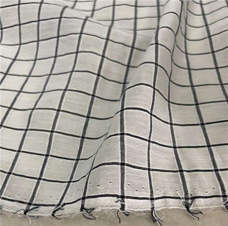 欧洲定单剩余重磅真丝加棉色织白底黑线小格子面料衬衫连衣裙布料