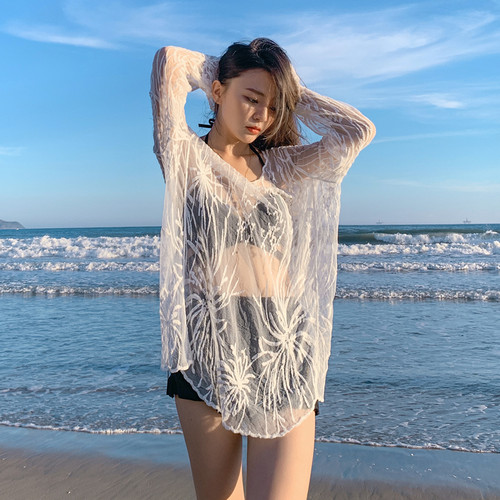 新款女比基尼三件套罩衫泳衣温泉外搭蕾丝海边度假宽松网纱防晒衣
