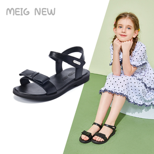 美格新女童黑色中大童真皮凉鞋牛皮儿童露趾软底蝴蝶结公主凉皮鞋