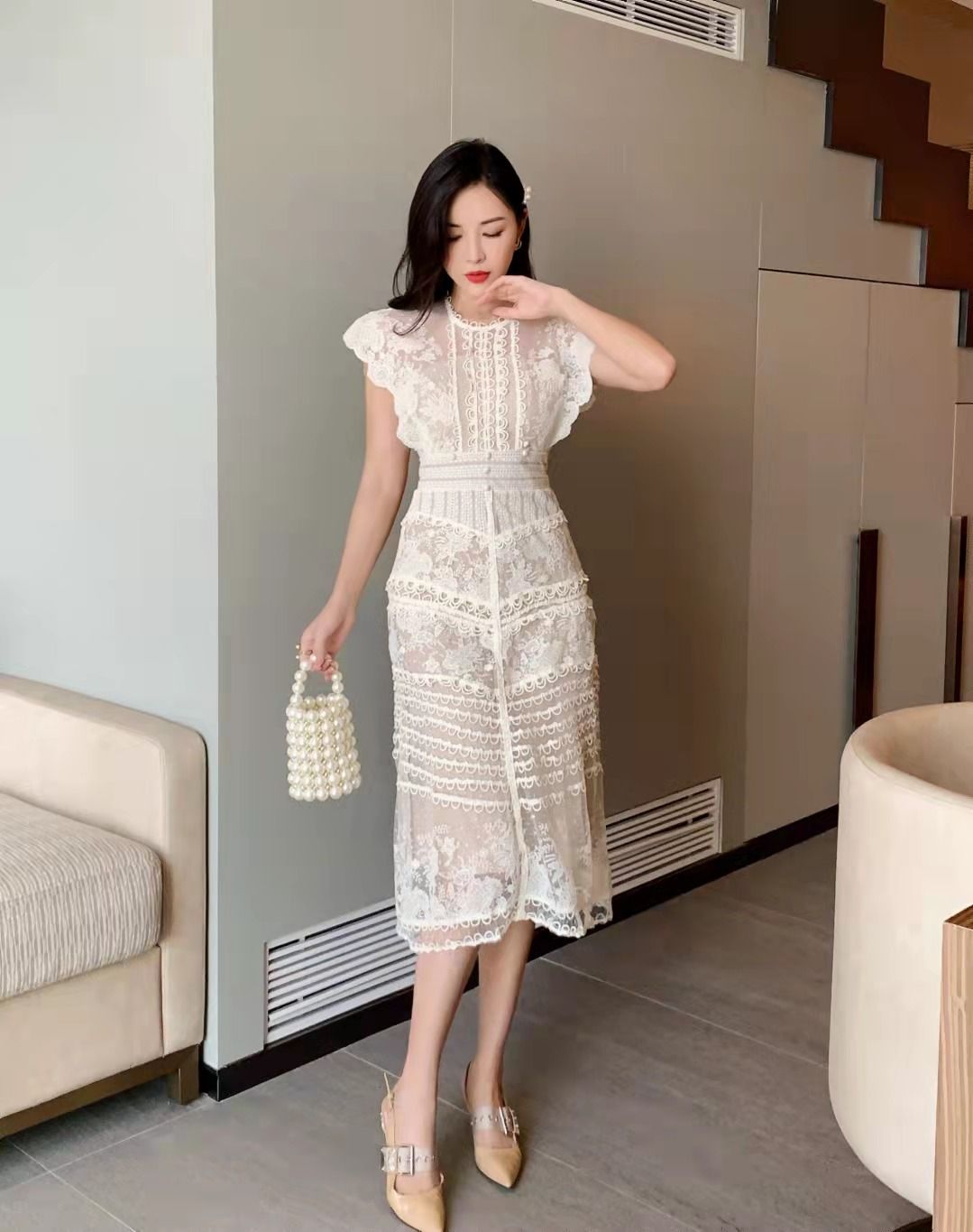 越南小众设计师2024年夏季新款蕾丝拼接复古高腰名媛长款连衣裙SP-封面