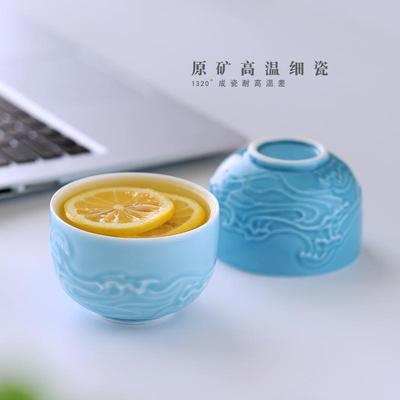 原创浮雕蓝色海水纹拉花咖啡杯景德镇中式陶瓷拿铁手握杯蛋杯杯子