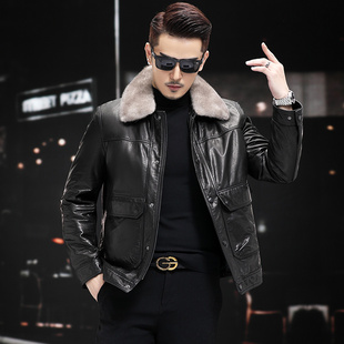 男士 水貂领可脱卸羽绒内胆油蜡牛皮夹克外套 翻领真皮皮衣海宁冬季