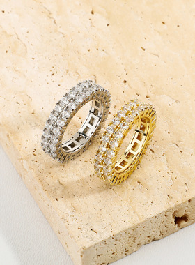 金澳新款欧美双排满锆戒指保色镀2.5MM-3MM男女简约潮流食指戒INS