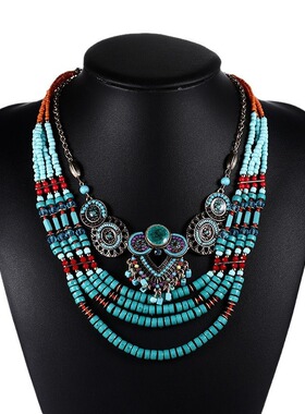 欧美新款时尚复古波西米亚民族风手工串珠项链女多层彩色服装配饰