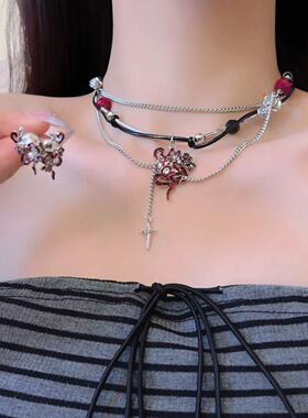 甜酷辣妹皮质滴油骷髅灵蛇玫瑰项链女朋克choker小众耳饰锁骨链潮