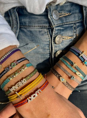 跨境南美饰品叠戴手链哥伦比亚民族风织带编织法蒂玛手掌镶钻手绳