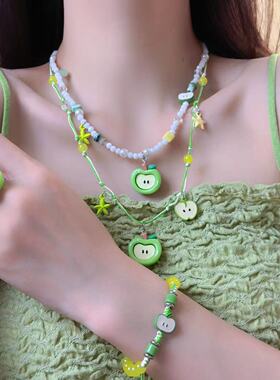超萌~ 可爱童趣青苹果项链女甜美设计感气质手链戒指颈链套装
