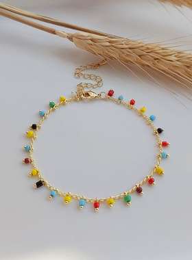 小众网红款ins波西米亚百搭串珠不掉色铜镀金彩色米珠手链女欧美