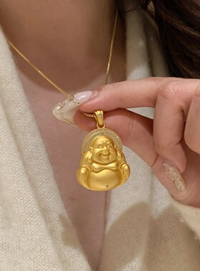 轻奢新中式复古大肚弥勒佛吊坠古法点钻感精工质感国风锁骨链