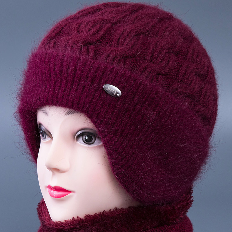 冬季中老年人帽子女兔毛线加绒加厚保暖护耳奶奶妈妈老太太针织帽