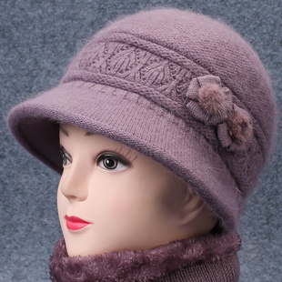 冬季中老年人帽子女老太太兔毛线妈妈加绒厚保暖老人奶奶针织帽棉