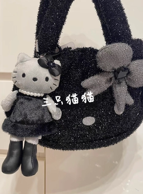 日本2025黑天使KT长腿黑皮Kitty毛绒挂件可爱kt猫爱心扣书包挂饰