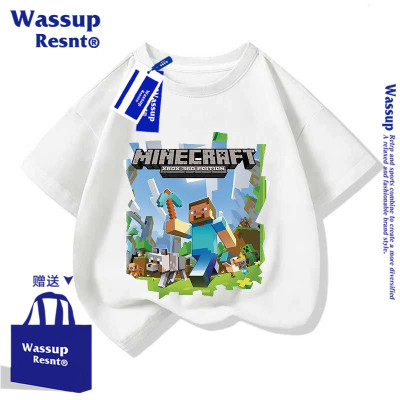WASSUP我的世界短袖t恤男儿童Minecraft苦力怕方块人半袖上衣服