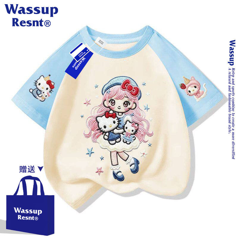 WASSUP夏季女童纯棉短袖T恤仿刺绣拼接袖中大童宽松上衣服半袖t恤