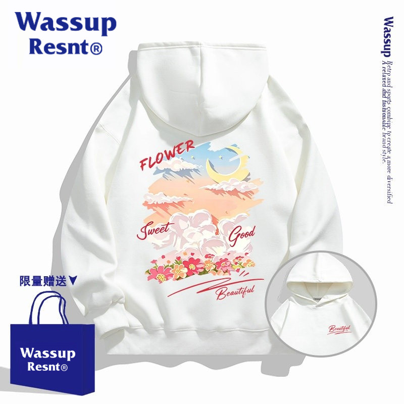 WASSUP联名涂鸦油画男生白色卫衣帽衫2026秋季青少年潮牌加绒衣服