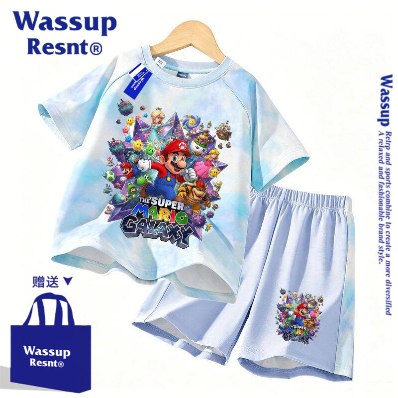 WASSUP马里奥联名T恤男女童夏季儿童速干短袖短裤两件套装衣服新