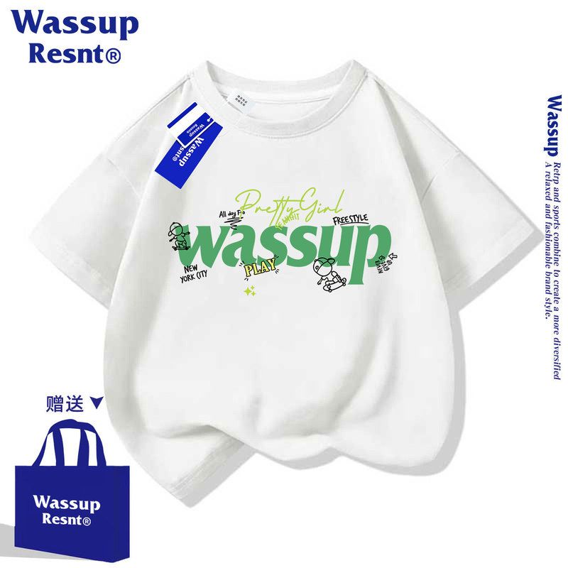 WASSUP纯棉短袖t恤男童白色女童夏季中大儿童夏装男孩半袖上衣潮
