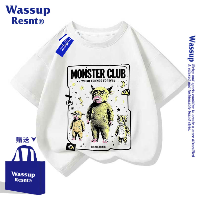 WASSUP2026新款牛来联名T恤棉短袖男女儿童中小学生宽松上衣夏装