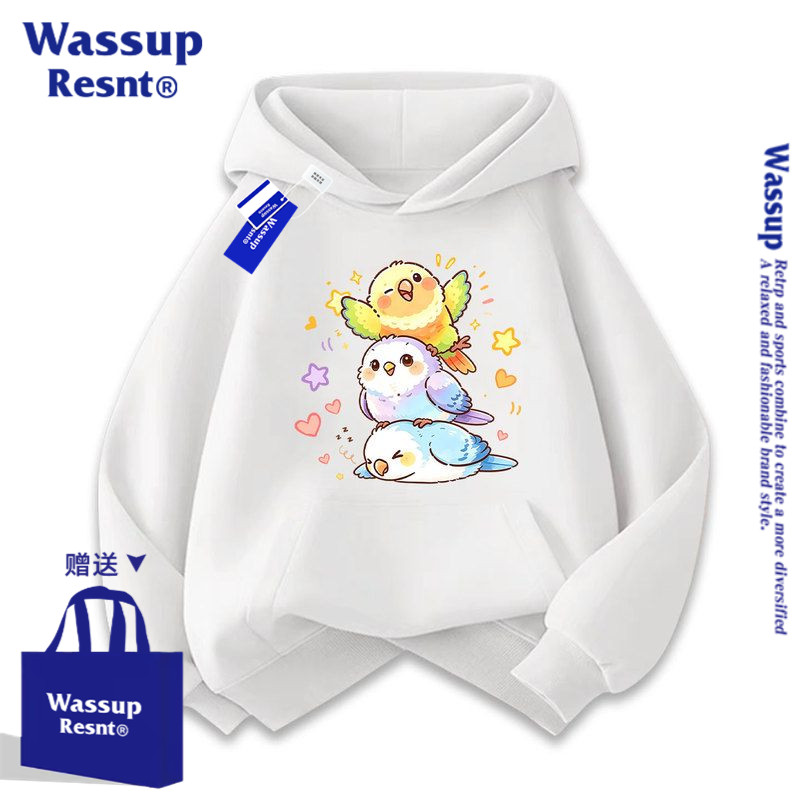 WASSUP可爱卡通三只小鸟连帽上衣帽衫男女亲子装卫衣服秋冬新款