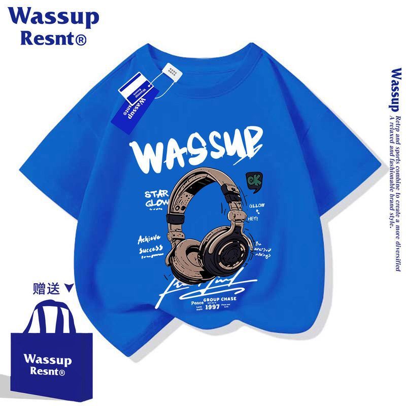 WASSUP童装男童女童儿童学生T恤耳机纯棉短袖t恤衫夏装新款上衣服
