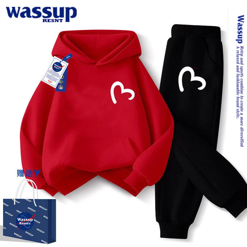 WASSUP红色儿童卫衣套装春秋女孩运动服2026新款女童春季连帽外套