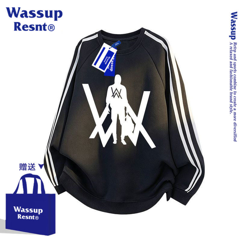 WASSUP嘉豪同款卫衣艾伦沃克儿童装条纹秋冬季宽松加绒休闲衣服男