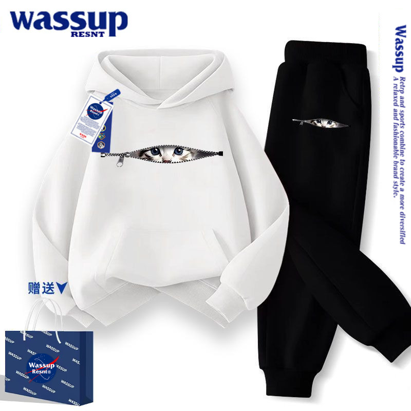 WASSUP联名男女童卫衣春秋连帽猫咪儿童加厚女孩冬季上衣外套套装