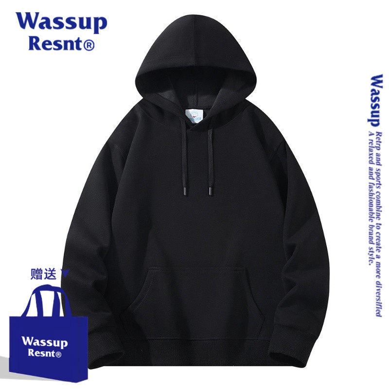 WASSUP RESNT连帽卫衣男秋冬款纯色宽松加绒加厚上衣黑色卫衣外套