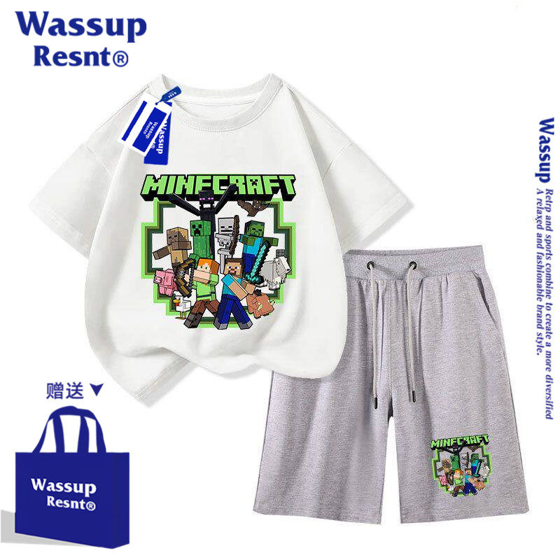 WASSUP我的世界男童短袖套装2026新款学生男孩夏季两件套运动儿童