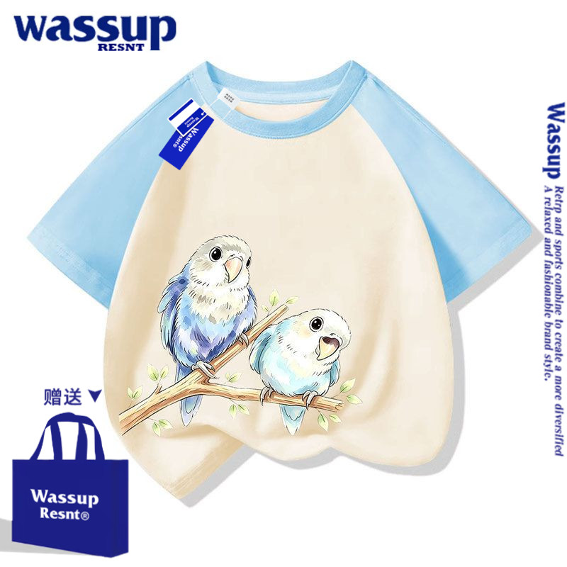 wassup联名儿童夏季卡通小鸟印花短袖t恤2026新款时髦纯棉上衣服