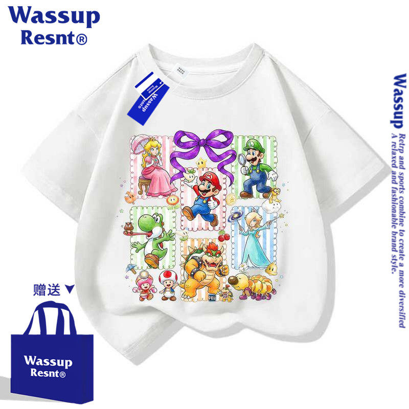 WASSUP马里奥T恤儿童夏季新款超级银河大电影短袖中大童衣服半袖