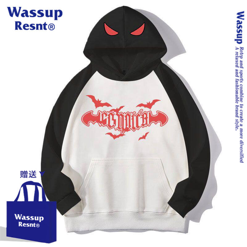 WASSUP美式恶魔蝙蝠男女儿童连帽卫衣秋冬季潮牌暗黑oversize外套