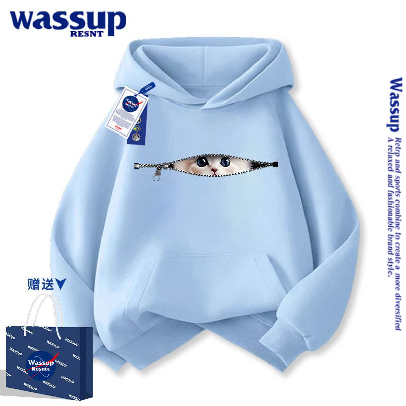 WASSUP猫咪儿童卫衣春秋2026新款加绒女童连帽外套男大童新年冬装