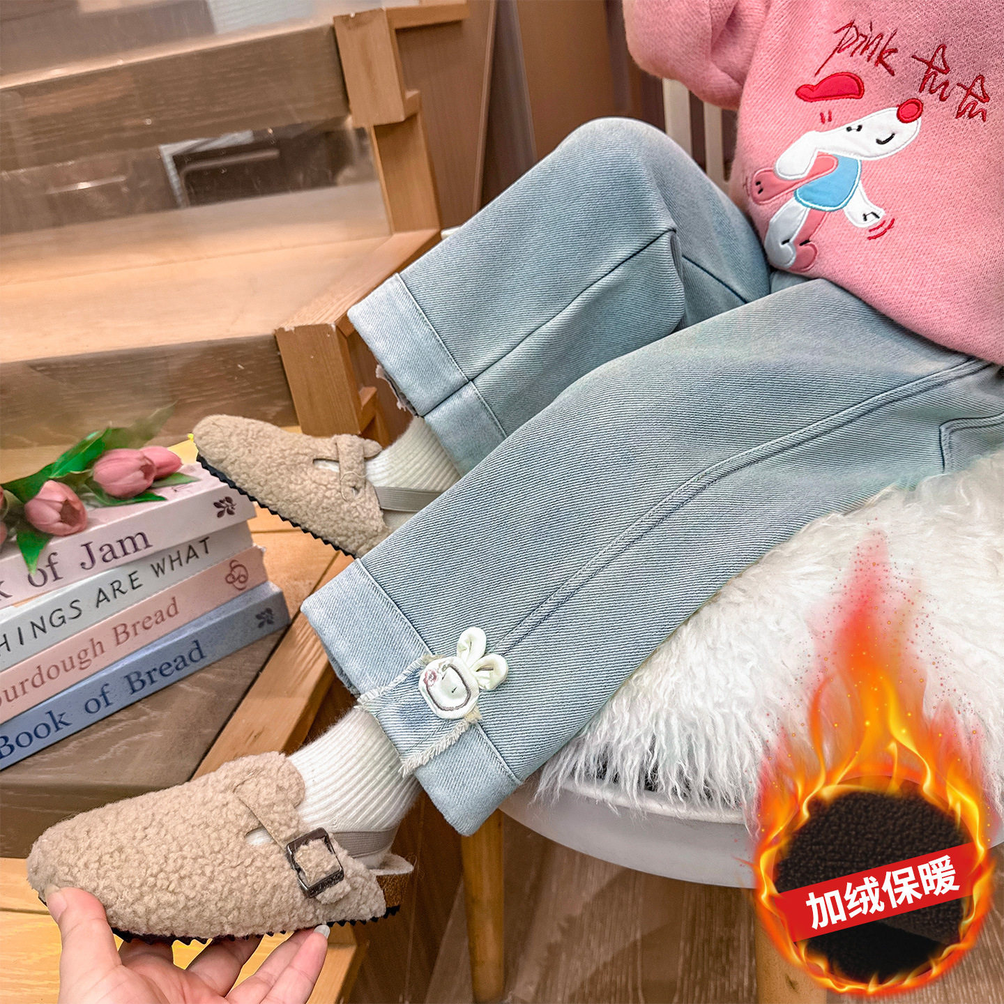 女童牛仔裤秋冬2025新款儿童洋气加厚女孩加绒直筒冬季阔腿裤爆款