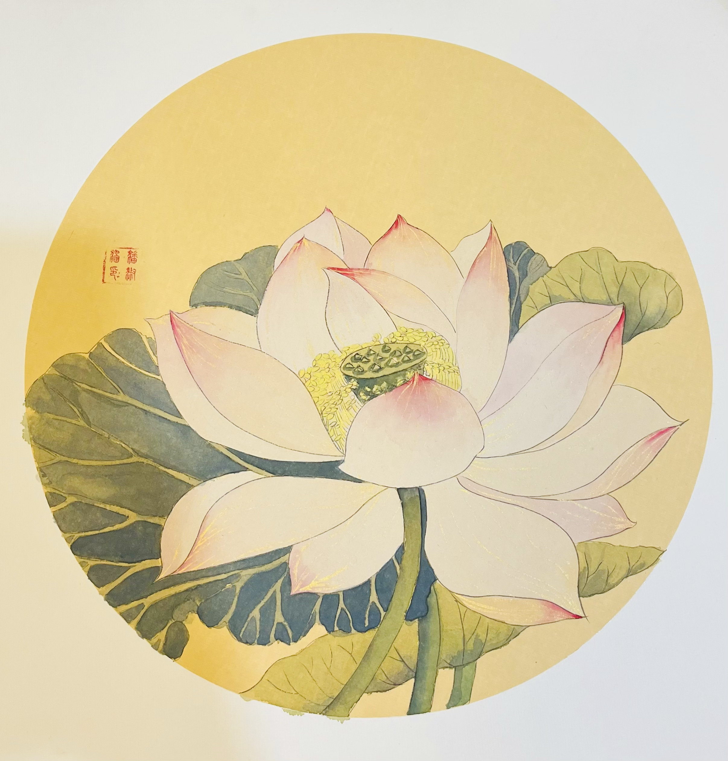 手绘国画荷花摆台装饰画含框寓意和和美美宋代小品出水芙蓉图包邮
