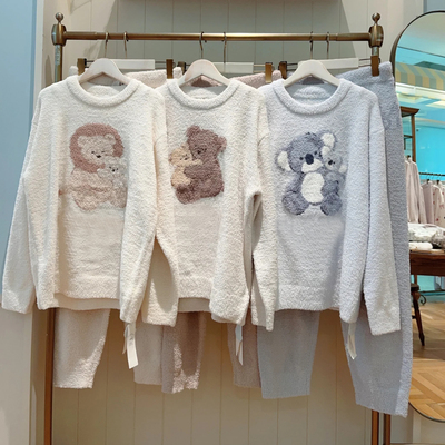 秋冬加厚软绵绵半边绒考拉狮子小熊保暖两件套家居服圆领长袖睡衣