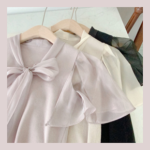 蝴蝶结系带针织衫 S家23春款 甜美薄纱开叉飞袖 女装 SWNT231054 新品