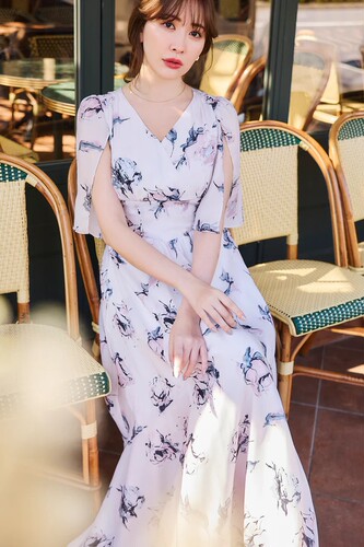原厂日系her玫瑰花束甜美荷叶边飞袖交叉V领后系带连衣裙
