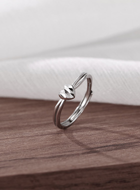 s999纯银爱心戒指纹理桃心精致小巧轻奢感可调节戒女简约足银
