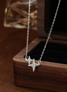 S999纯银足银四芒星项链小众ins简约女潮白银锁骨链轻奢网红颈链