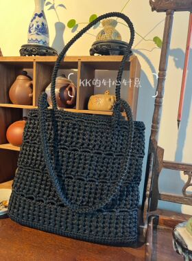 夏日黑色镂空手工编织手提包钩织单肩包女休闲通勤包