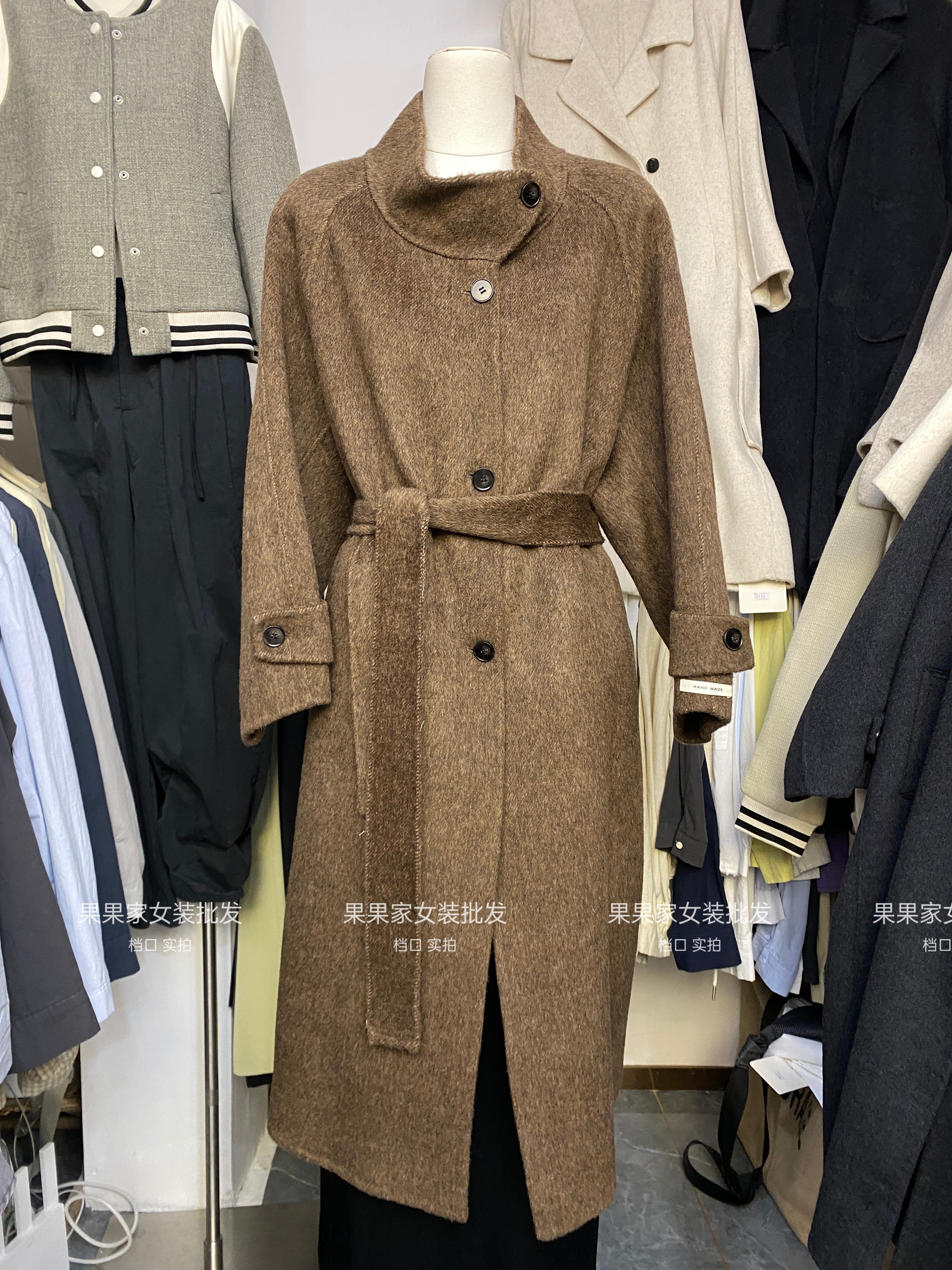 韩系立领双面羊毛大衣女系带单排扣长款宽松加厚简约羊绒毛呢外套