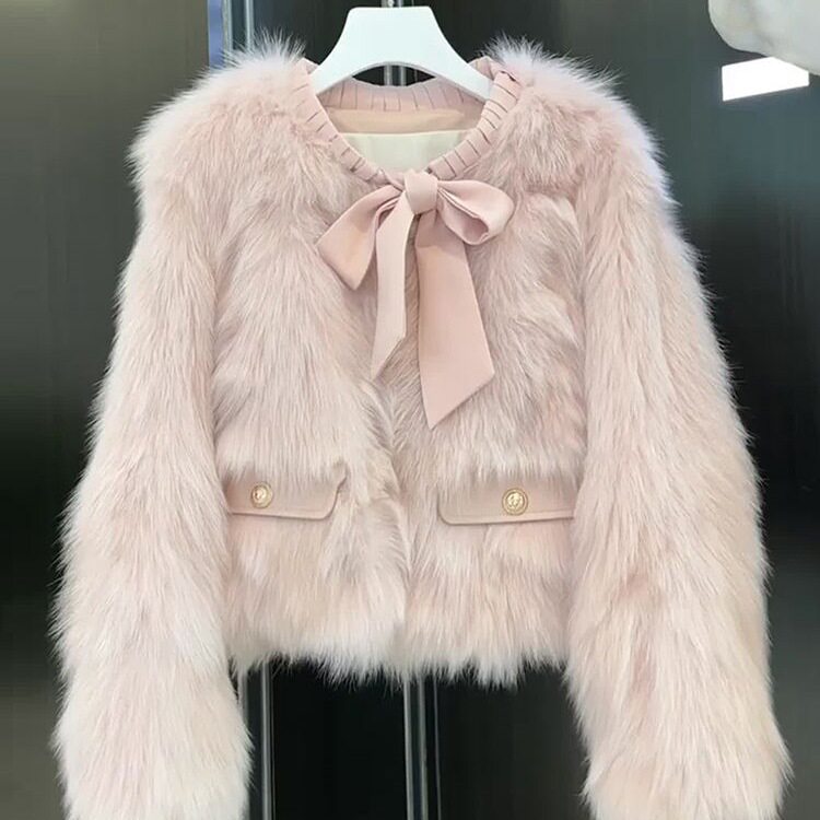 冬季粉色环保狐狸毛女短款流苏边短外套