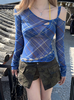 Thas9i九亿 歌弗加纳 格纹斜肩高弹收腰显瘦春季百搭设计感上衣女