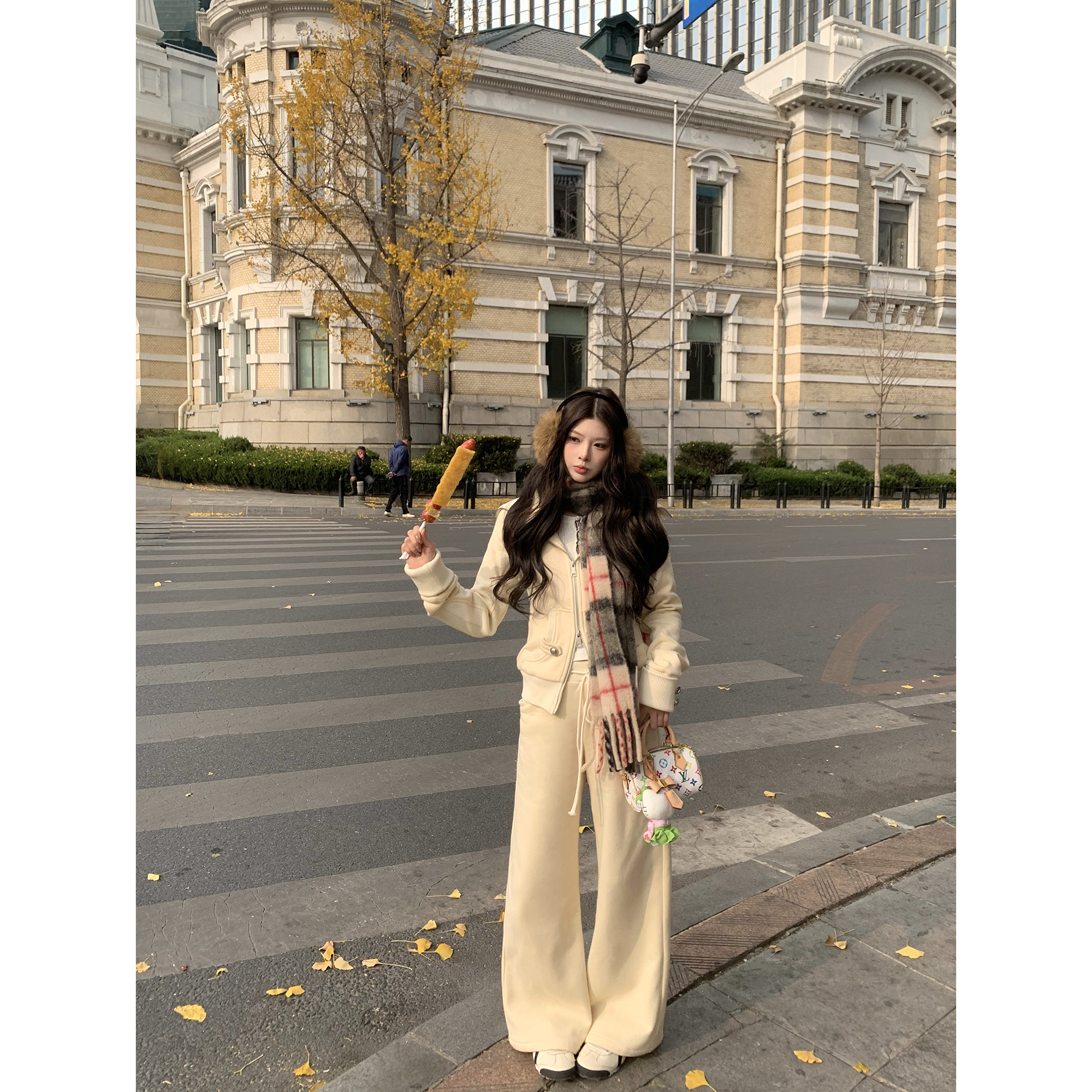 Thas9i九亿修身高领抓绒罗纹拼接卫衣外套女休闲直筒抓绒卫裤套装