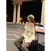 一字肩斗篷连帽卫衣女低腰拼接格纹阔腿裤 Thas9i九亿 松弛具象化