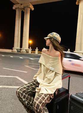 Thas9i九亿 松弛具象化 一字肩斗篷连帽卫衣女低腰拼接格纹阔腿裤